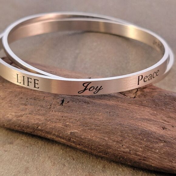New Word Affirming Abundant Life Bracelet Silver Double Bangle Bracelet - Picture 2 of 9